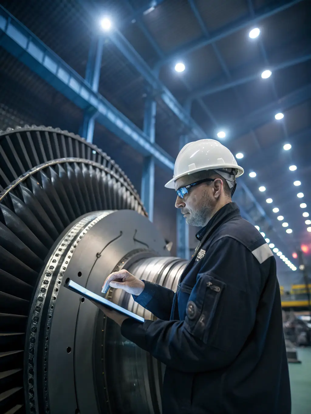 An engineer inspecting a gas turbine in a state-of-the-art facility, ensuring optimal performance and reliability for Biopowers Energy Limited's clients.