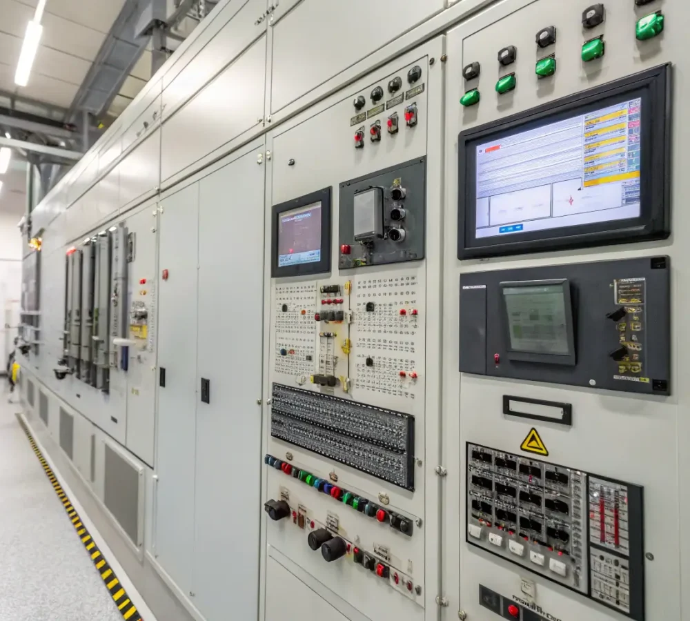 An image showcasing a control panel with various instruments and displays, highlighting the complexity and precision of EC&I engineering.